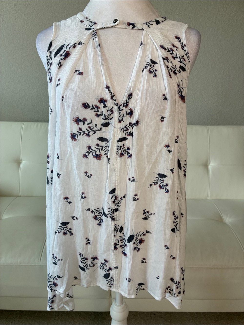 Free People Floral Tank Top, White with Blue, Shark-bite Hemline and Pockets